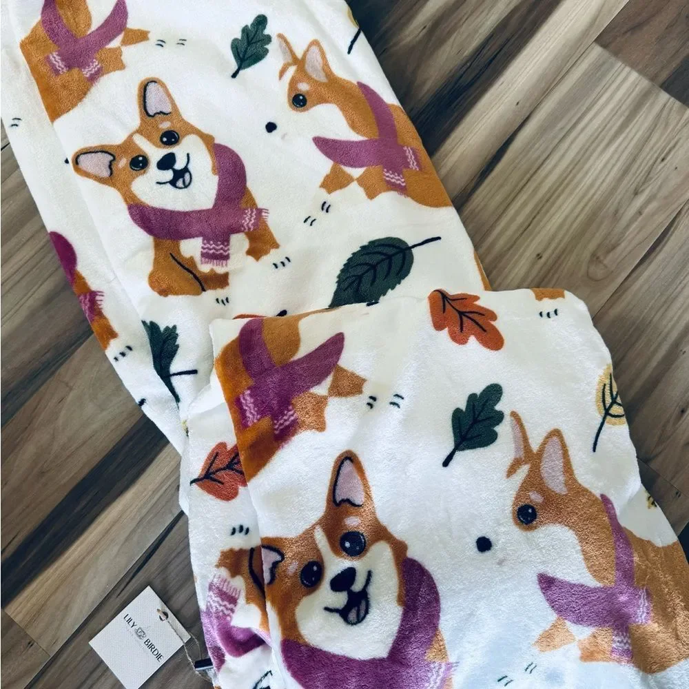 Fall Playful Corgi Dogs Leaves Plush Autumn Throw Blanket
